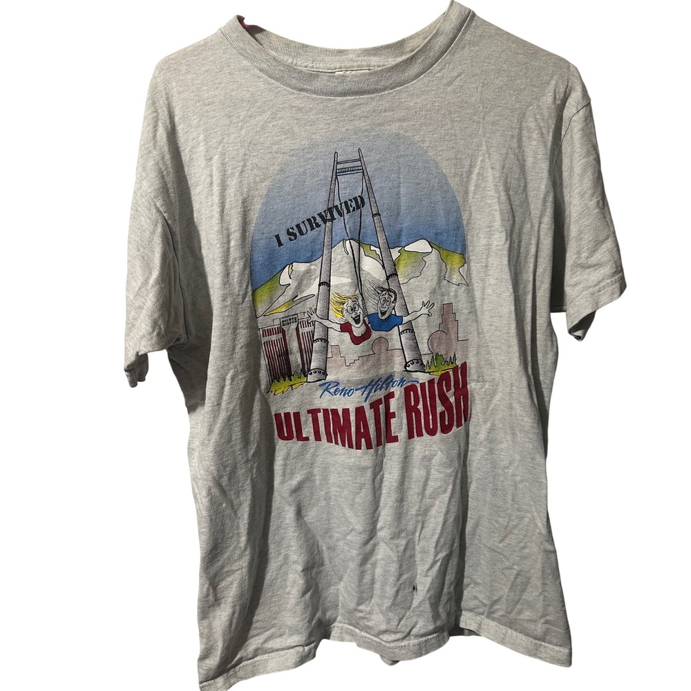 Vintage Fruit of the Loom Reno Hilton Ultimate Rush T-Shirt Gray Large L 90s